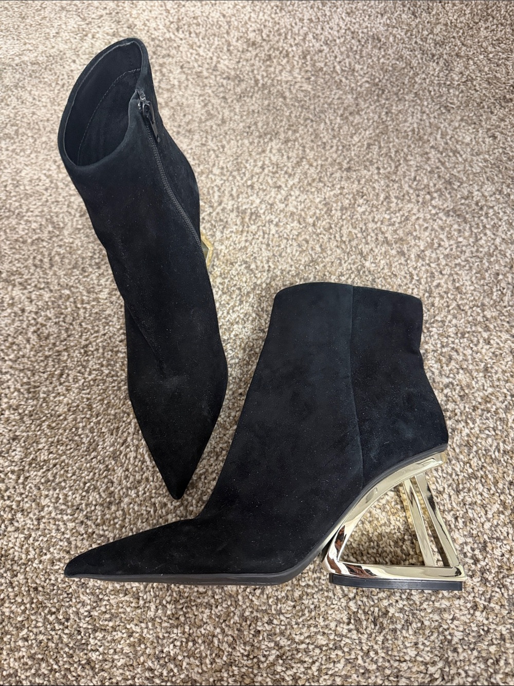 Gianni Bini Black Suede Pointed Toe Ankle Boots with Sculptural Gold Heel